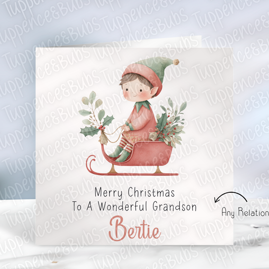 Elf on a Sledge Christmas Card