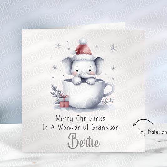 Cute Elephant In A Cup Christmas Card