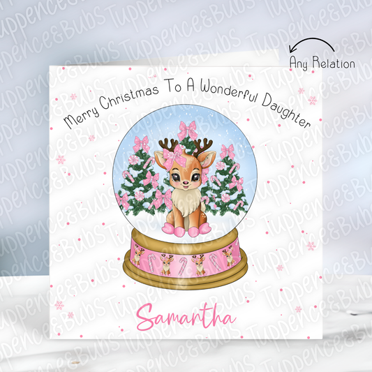 Pink Reindeer Snowglobe Christmas Card - 2 Designs