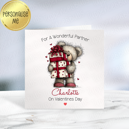 Cute Bear With Gift Valentine's Card - 3 Designs