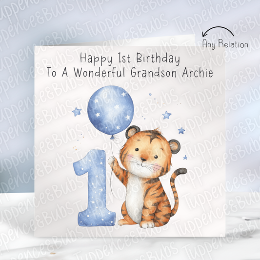 1st Birthday Card - Tiger Themed - Pink or Blue