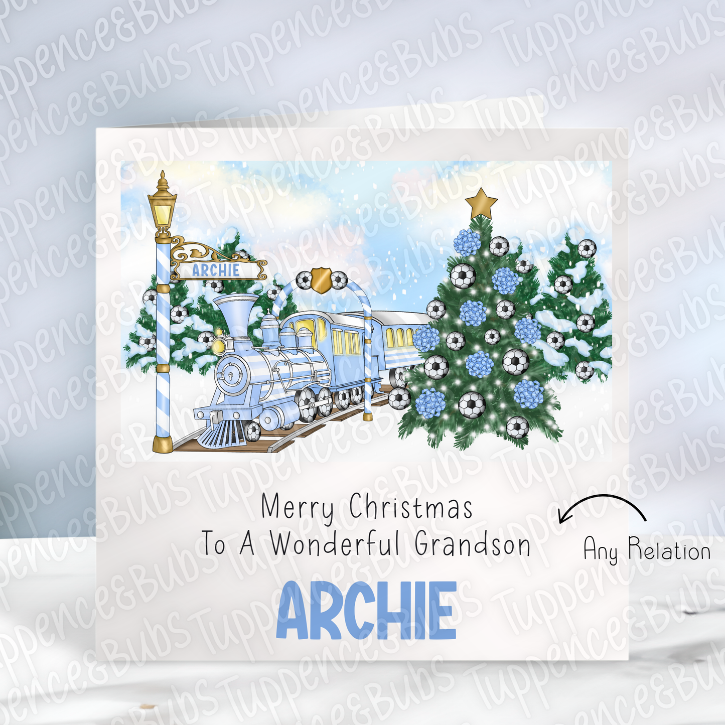 Light Blue Football Themed Express Train Christmas Card