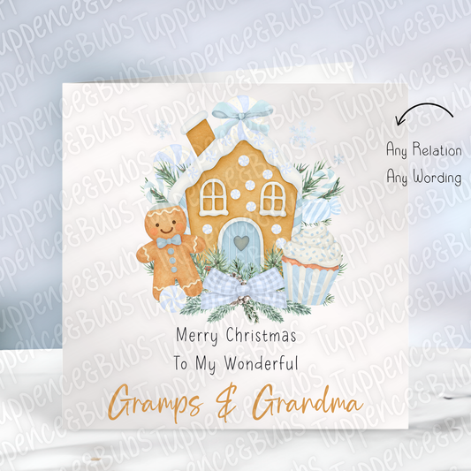 Gingerbread House Themed Christmas Card - Blue/Pink