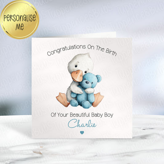 Duck & Teddy Bear New Baby Boy Card