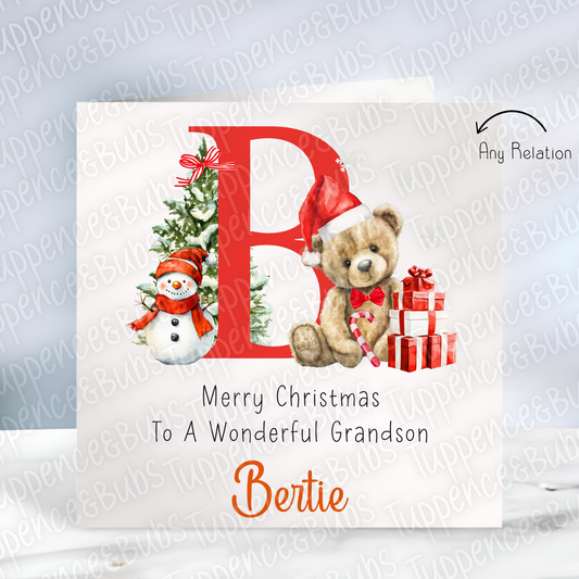 Snowman & Bear Initial Christmas Card