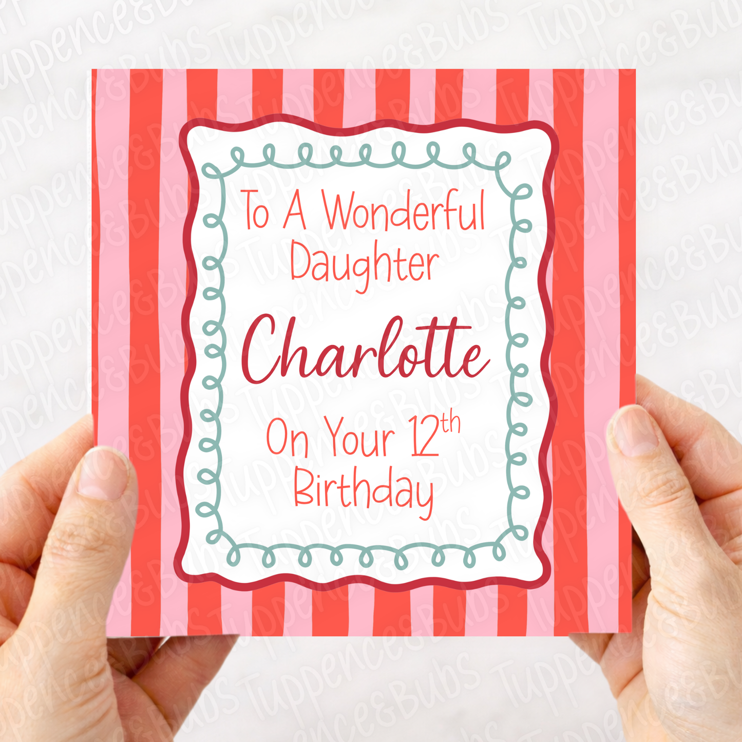 Red/Pink Striped Background Birthday Card