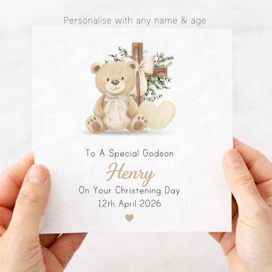 Beige Bear Christening Card