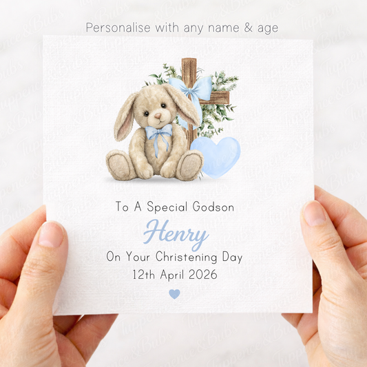 Blue Bunny Christening Card