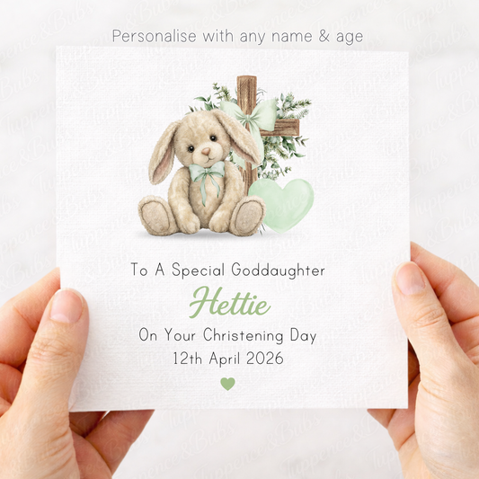 Sage Green Bunny Christening Card