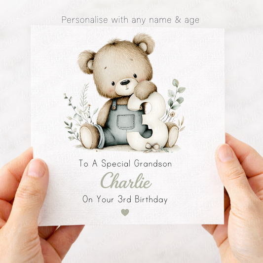 Little Boy Bear Floral Age Card