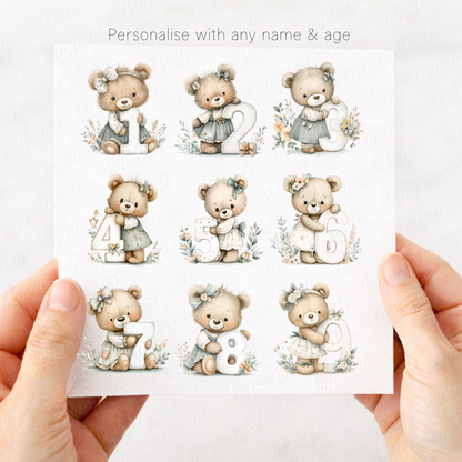 Little Girl Bear Floral Age Card