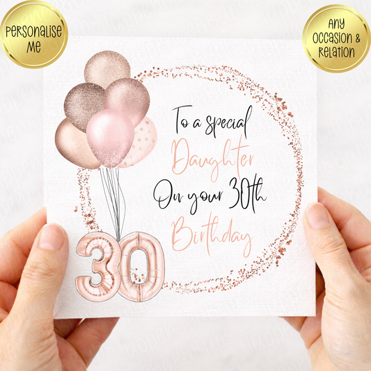 Rose Gold Balloon Birthday Card - Any Age - Rose Gold Bow Attached