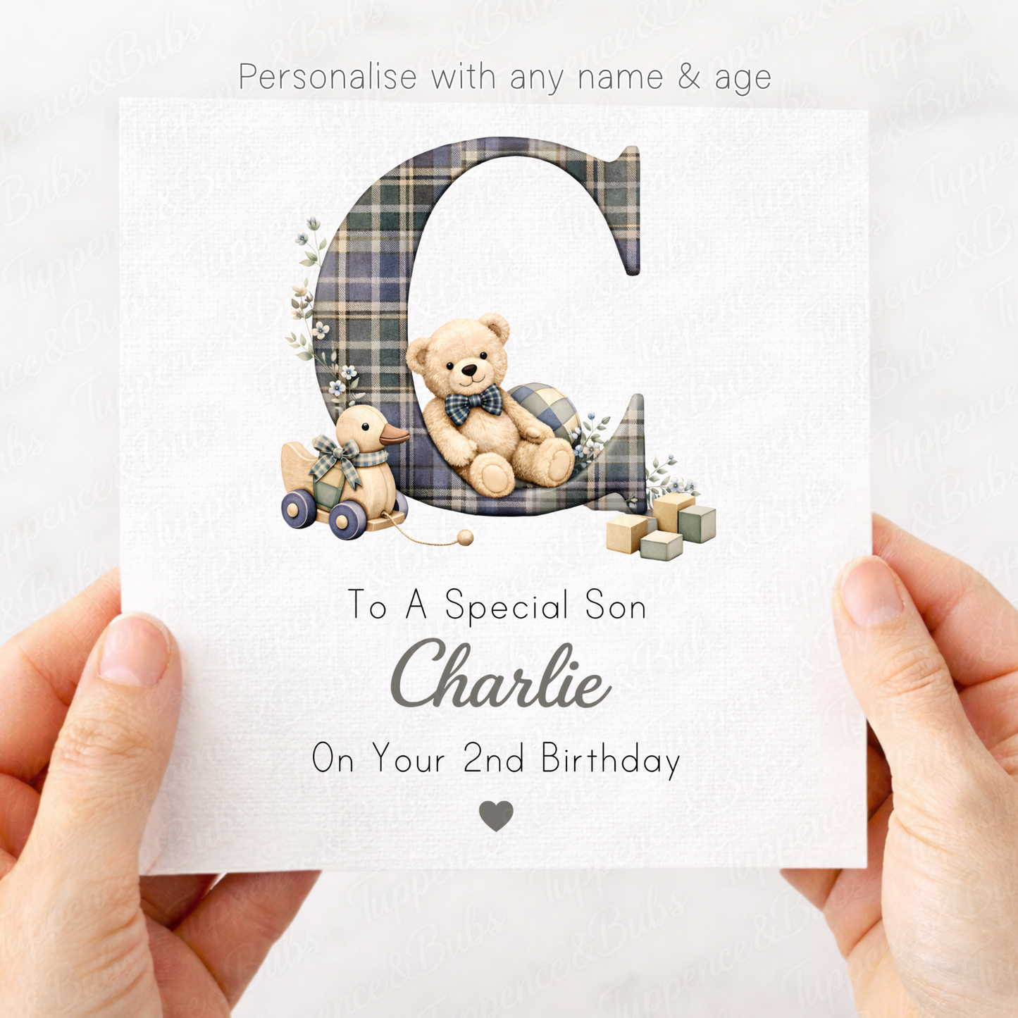 Plaid Initial Bear Birthday Card
