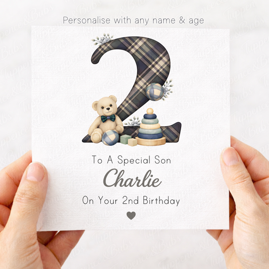 Plaid Number Bear Birthday Card