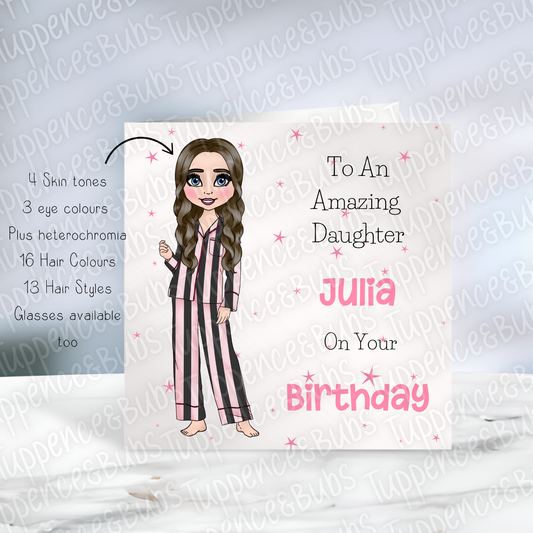 Black & White Pjs/Pink Dress Birthday Card - 2 Designs