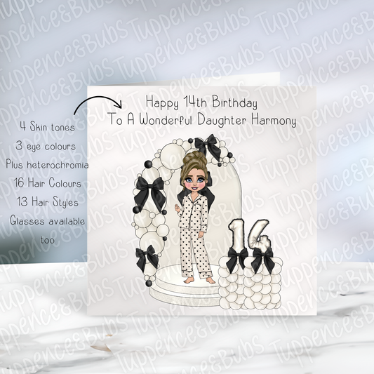 Cream & Black Bow PJ Theme Birthday Card - 2 designs