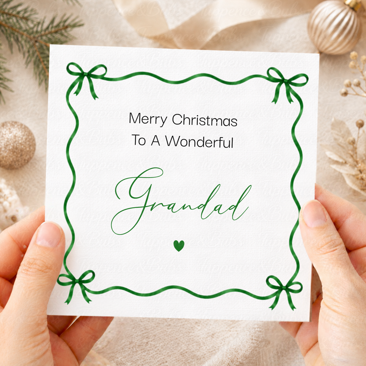 Personalised Green Bow Christmas Card – Any Name or Relation