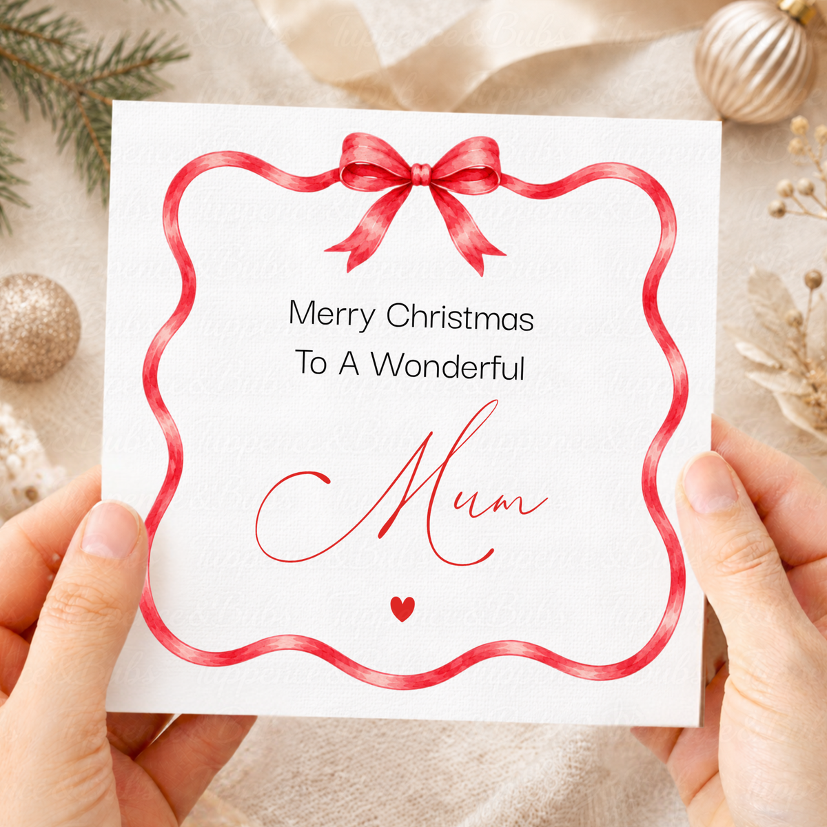 Personalised Watercolour Bow Christmas Card – Any Relation, Three Colours