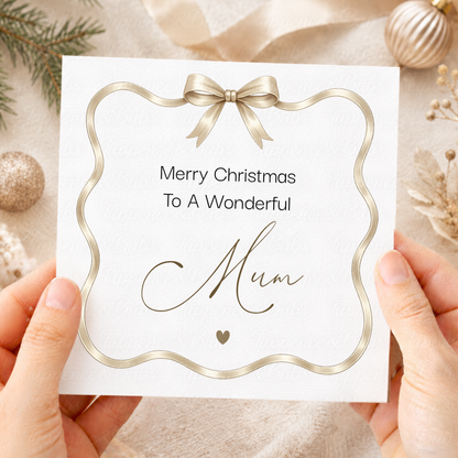 Elegant Christmas Card – Champagne Gold or Sage Green Satin Bow Design