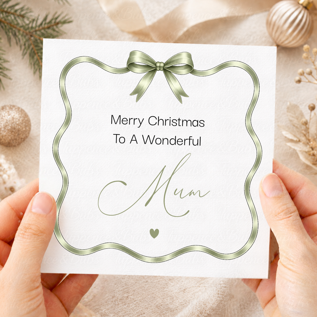 Elegant Christmas Card – Champagne Gold or Sage Green Satin Bow Design