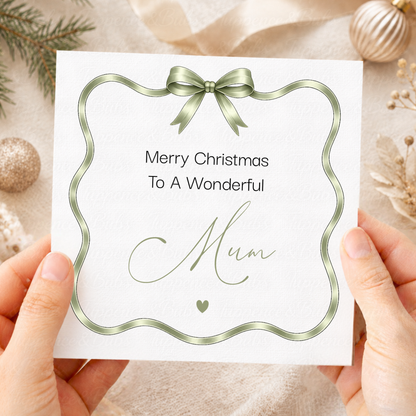 Elegant Christmas Card – Champagne Gold or Sage Green Satin Bow Design