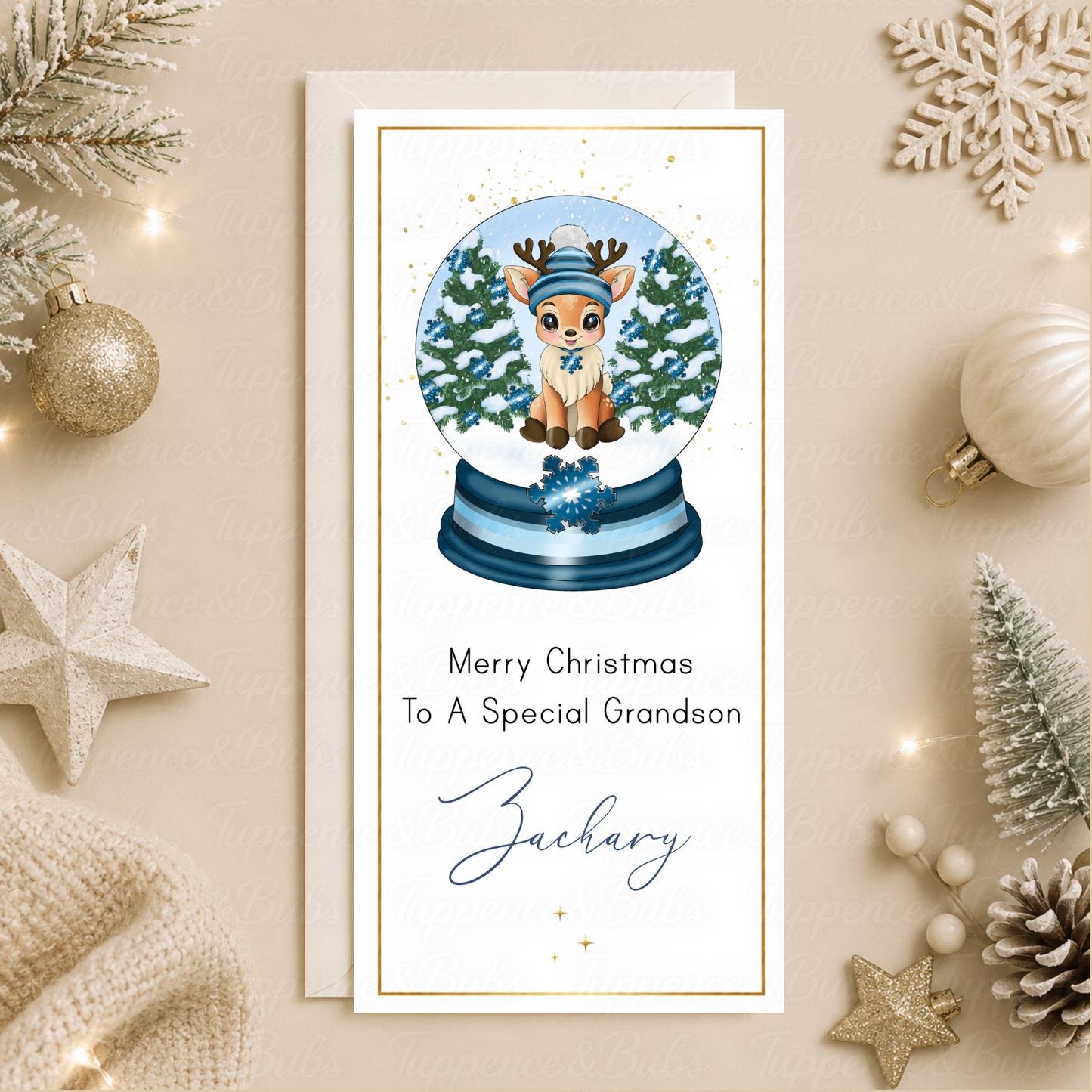 Personalised Blue Reindeer Snow Globe Christmas Money Card