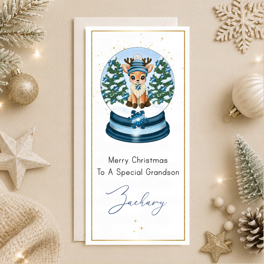 Personalised Blue Reindeer Snow Globe Christmas Money Card
