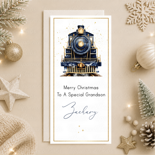 Personalised Blue Train Christmas Money Card