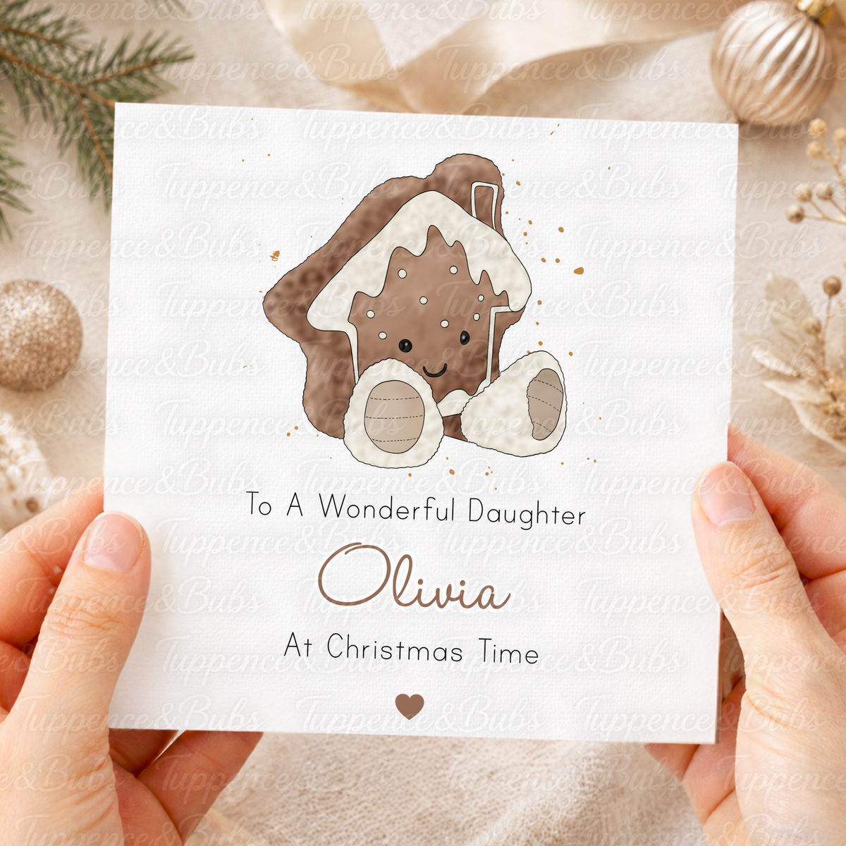 Personalised Christmas Card – Cute Gingerbread House Plushie Design