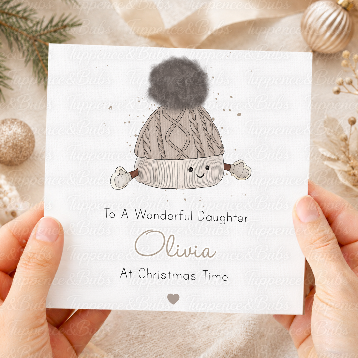 Personalised Daughter Christmas Card – Cute Winter Bobble Hat Plushie