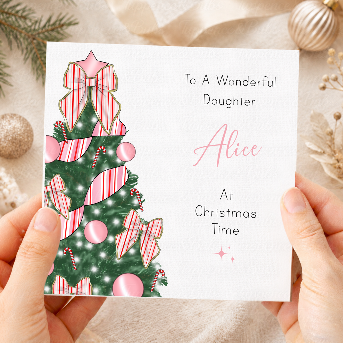 Personalised Pink Candy Cane Christmas Card
