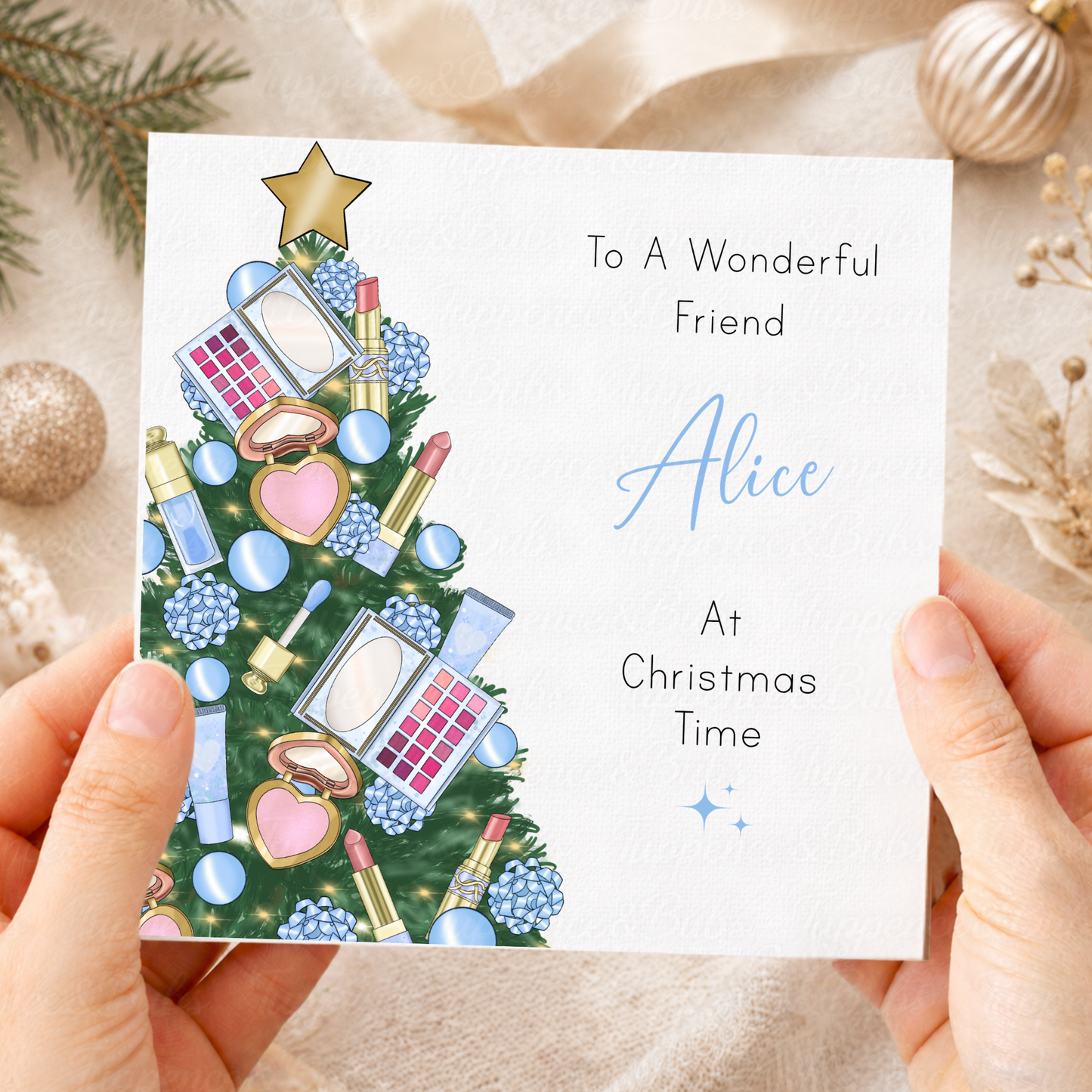 Personalised Blue Makeup Christmas Card