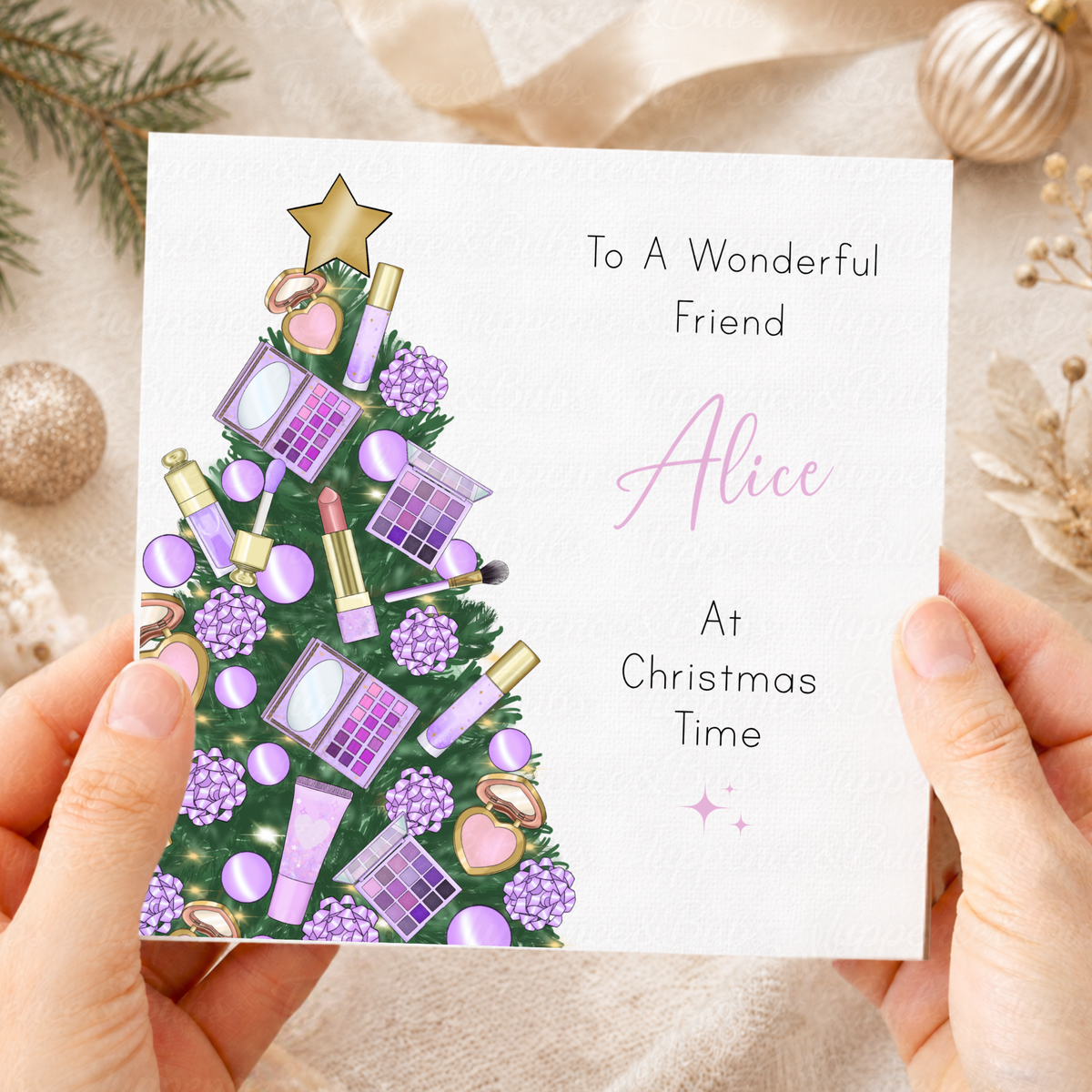 Personalised Christmas Card – Purple Makeup & Beauty Themed Festive Tree