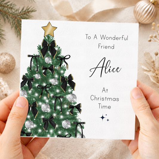 Personalised Christmas Card – Black Satin Bows & Silver Disco Bauble Tree
