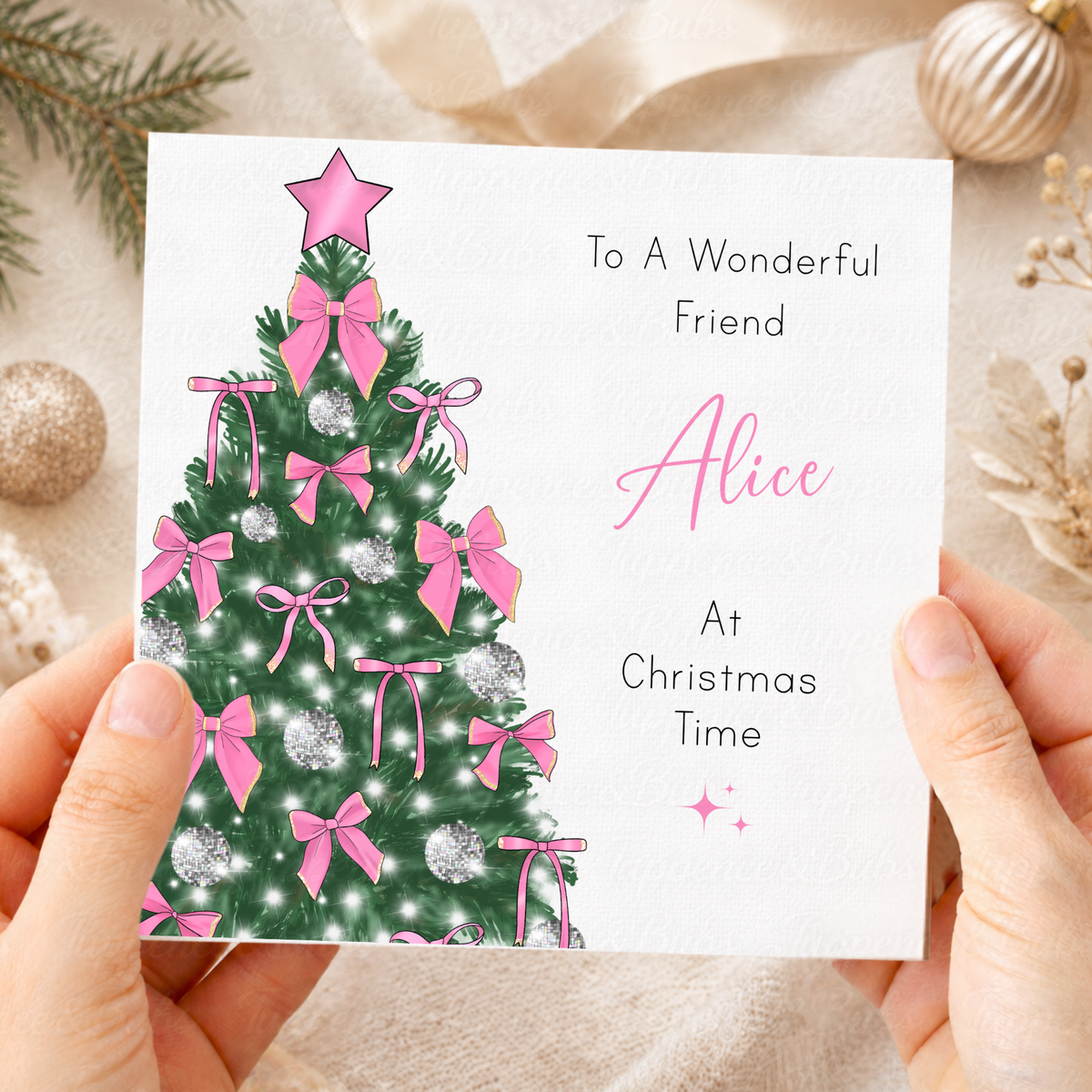 Personalised Christmas Card – Pink Satin Bows & Silver Disco Bauble Tree