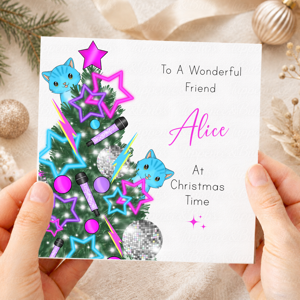 Personalised Christmas Card – Neon Disco Tree with Blue Cats & Stars