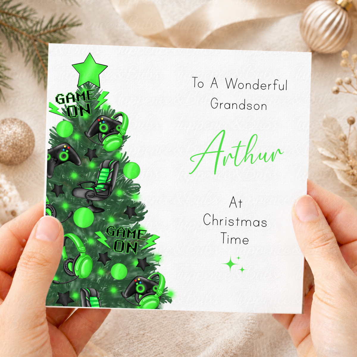 Personalised Christmas Card – Gaming Tree with Controllers & Headsets