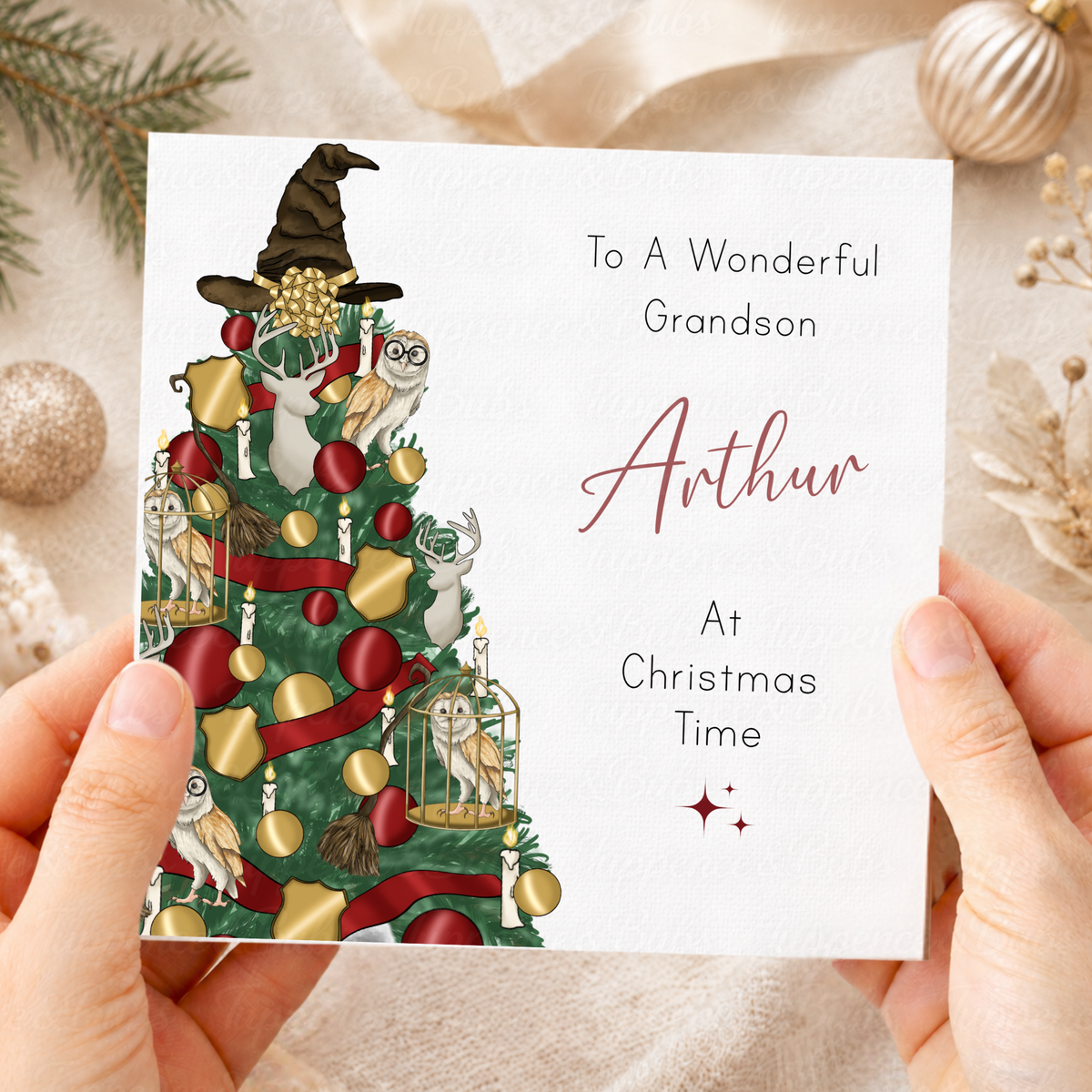 Personalised Christmas Card – Magical Wizard Tree & Owl Designs