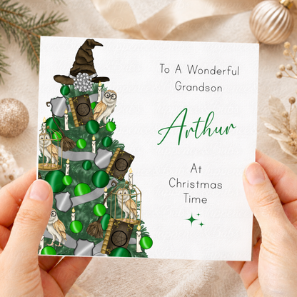 Personalised Christmas Card – Magical Wizard Tree & Owl Designs