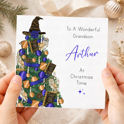 Personalised Christmas Card – Magical Wizard Tree & Owl Designs