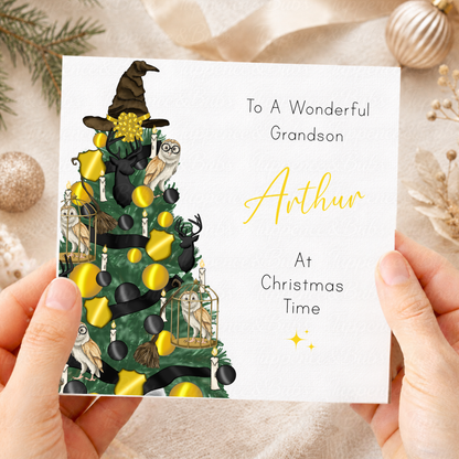 Personalised Christmas Card – Magical Wizard Tree & Owl Designs