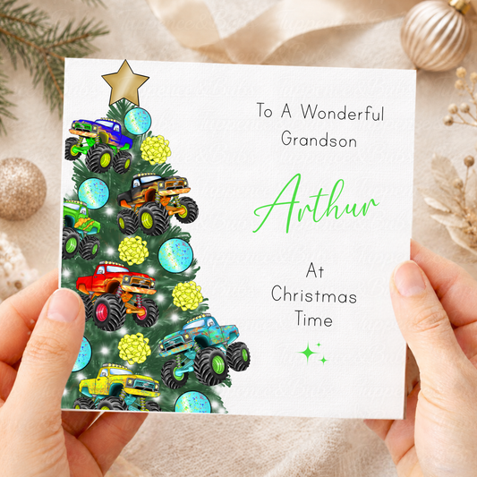 Personalised Christmas Card – Colourful Monster Truck Festive Tree
