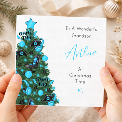 Personalised Christmas Card – Gaming Tree with Controllers & Headsets