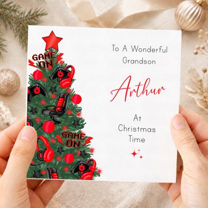 Personalised Christmas Card – Gaming Tree with Controllers & Headsets