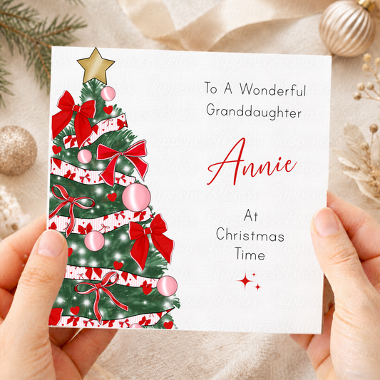 Personalised Christmas Card – Red Bows, Pink Baubles & Heart Tree