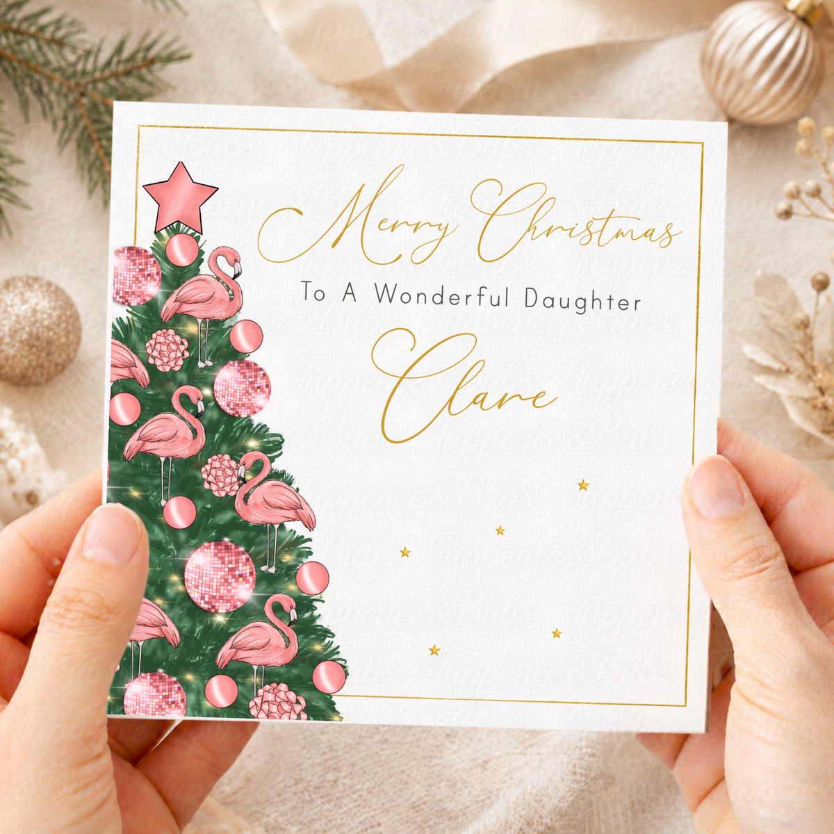 Pink Flamingo Christmas Card – Pink Disco Bauble Christmas Tree Design
