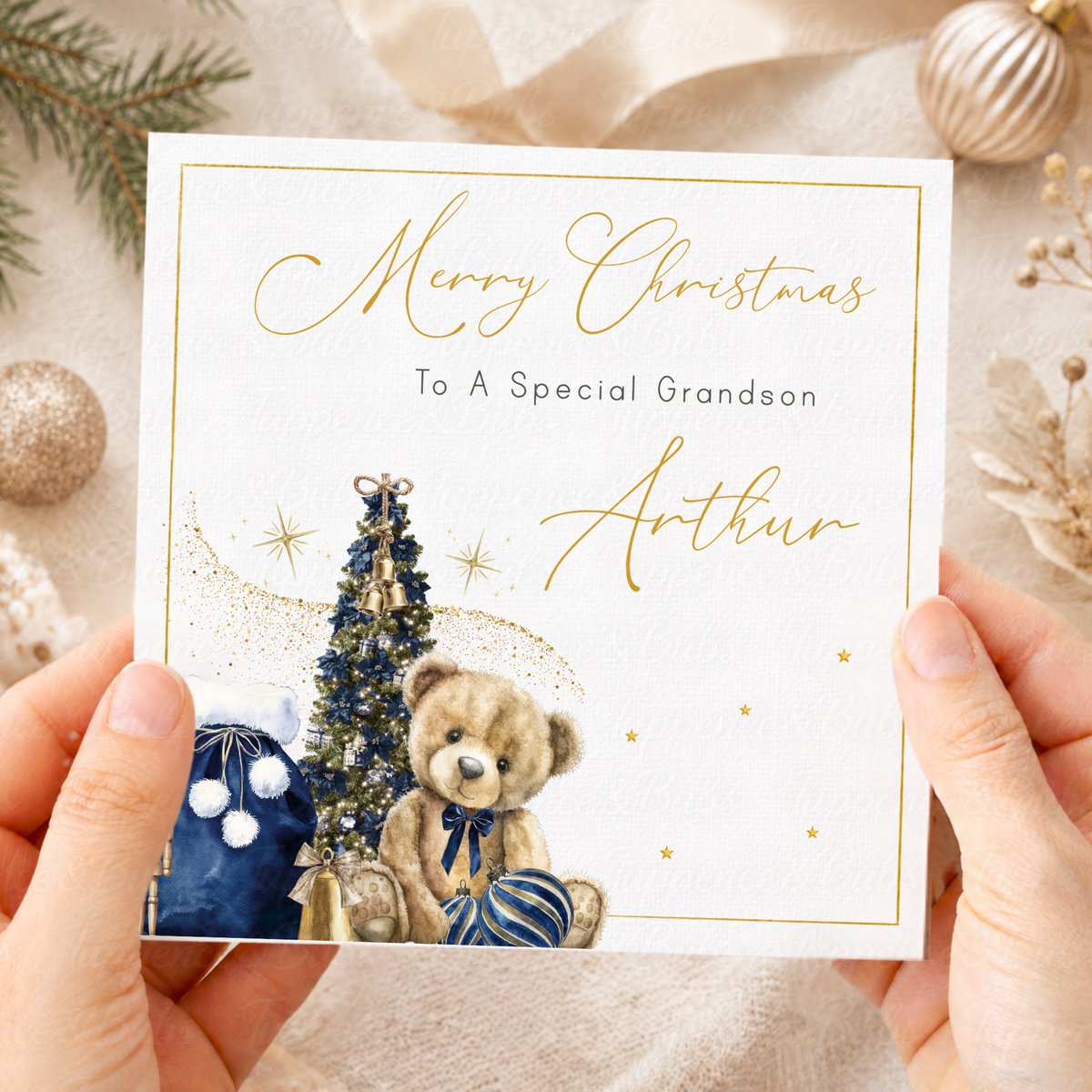 Personalised Christmas Card – Teddy Bear with Navy Blue & Gold Festive Tree