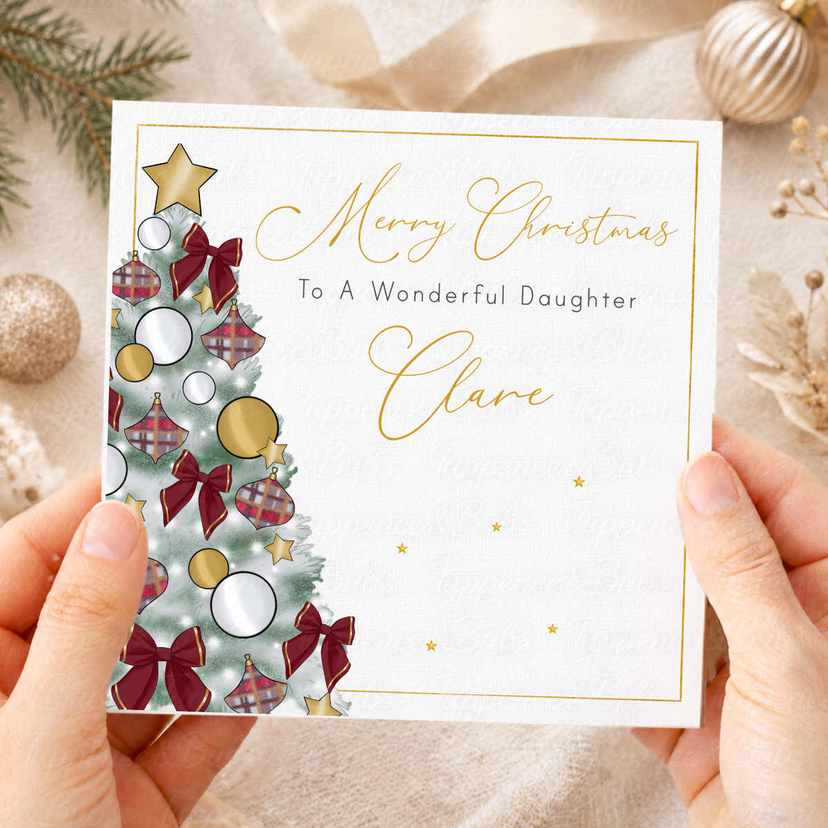 Elegant Christmas Card – Burgundy Bows & Tartan Bauble Tree Design