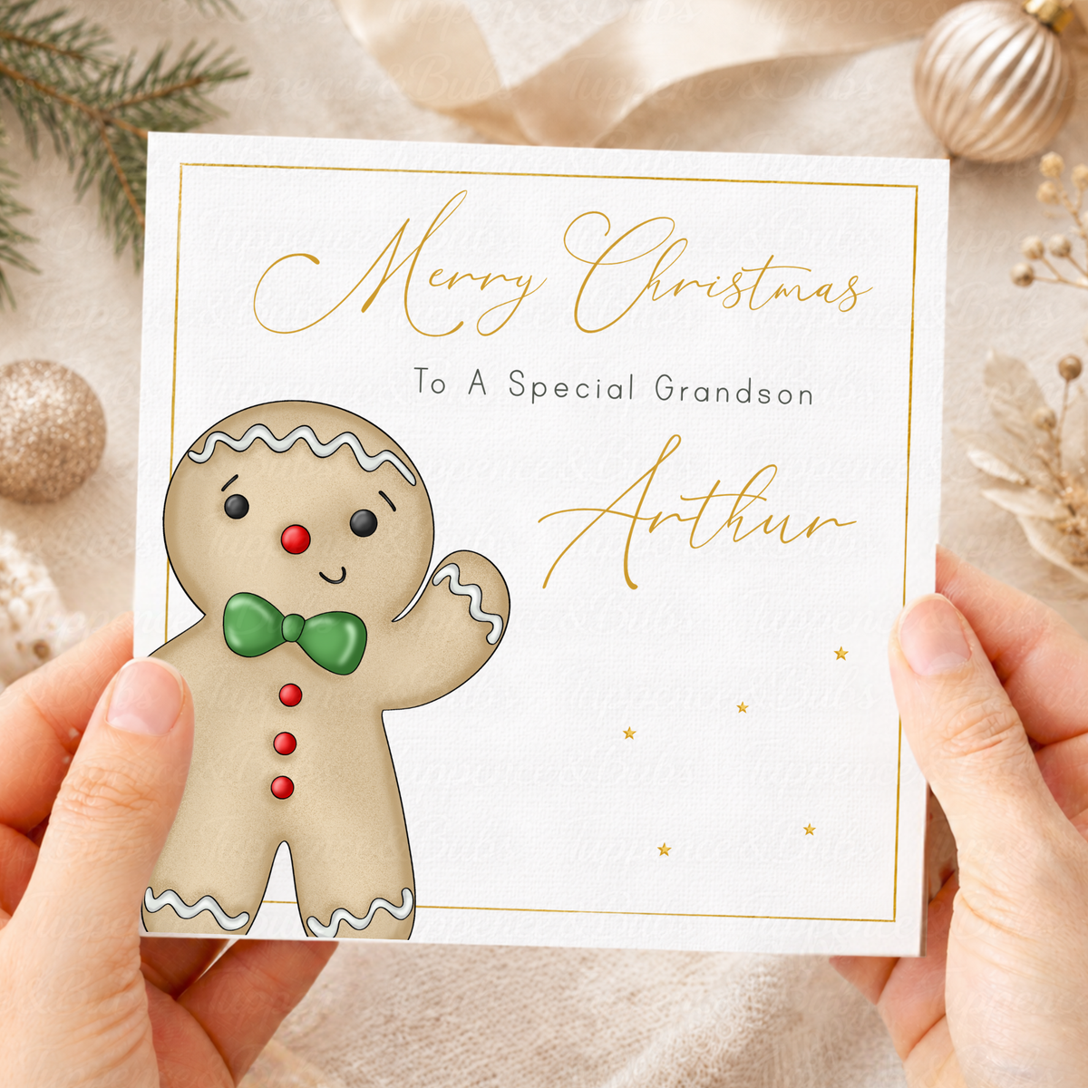 Personalised Gingerbread Christmas Card – Cute Green Bow Tie Design