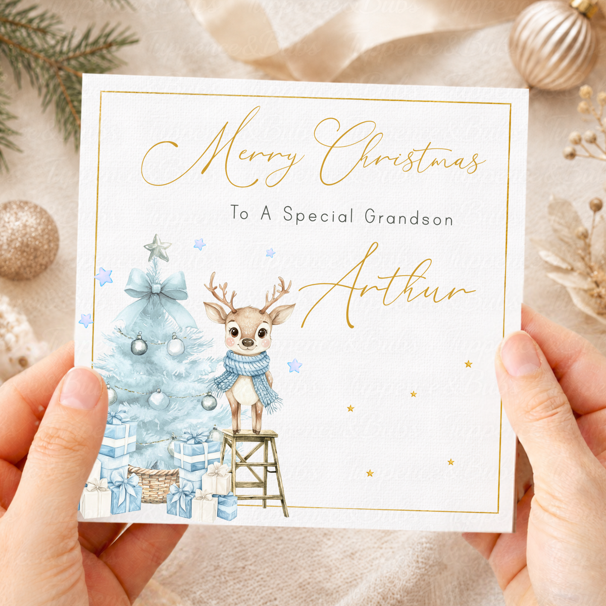 Personalised Christmas Card – Cute Reindeer & Pastel Blue Festive Tree